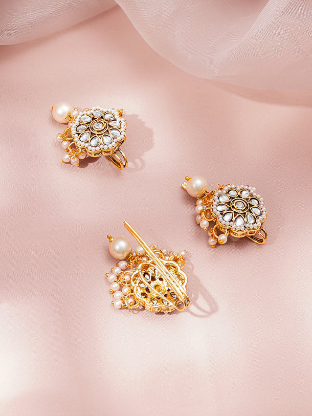 Rubans Set of 3 18K Gold Plated Brass Kundan Pearl Floral Hair Pin Accessory