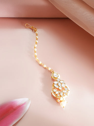 Gold Plated Pearl Beaded Kundan Maang Tikka