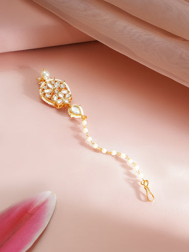 Gold Plated Pearl Beaded Kundan Maang Tikka