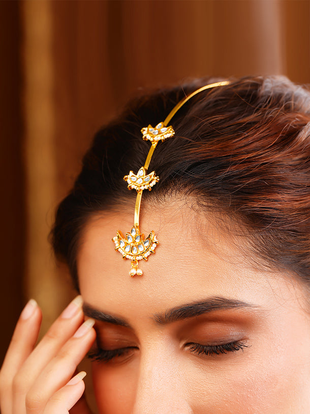 Gold Plated Kundan Moon Design Pearl Maang Tikka
