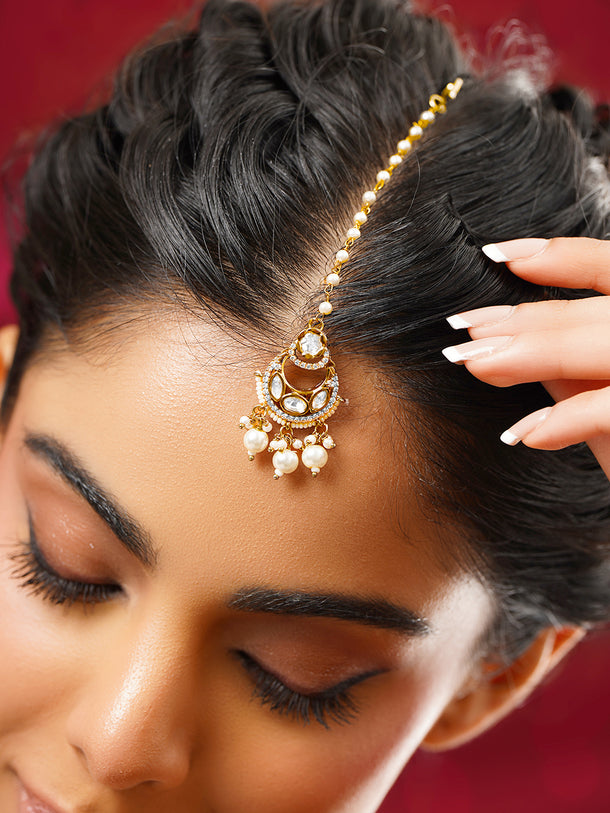Gold Plated Kundan Pearl Maang Tikka