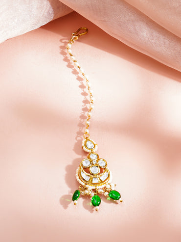Gold Plated Green Beaded Kundan Pearl Maang Tikka