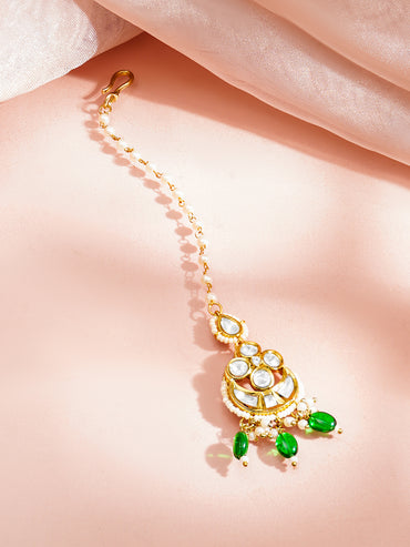 Gold Plated Green Beaded Kundan Pearl Maang Tikka