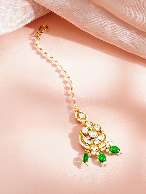 Gold Plated Green Beaded Kundan Pearl Maang Tikka