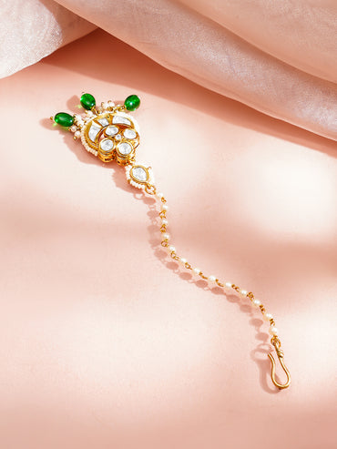 Gold Plated Green Beaded Kundan Pearl Maang Tikka