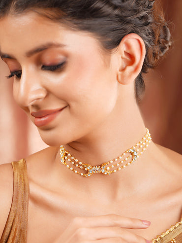 Gold Plated Pearl Detailed Moon Motif Kundan Choker