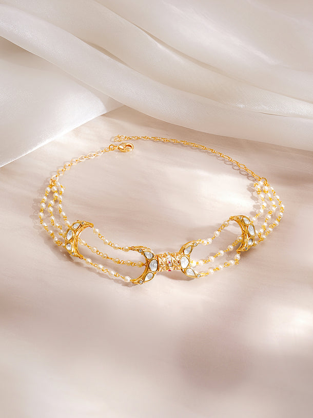 Gold Plated Pearl Detailed Moon Motif Kundan Choker