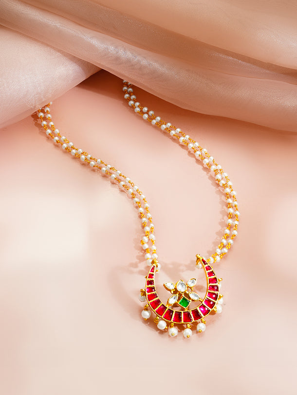 Gold Plated Moon Design Pearl beaded Kundan Ruby Pendant