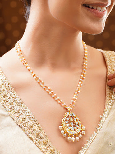 Gold Plated Blossom Kundan Pearl Drape Pendant Necklace