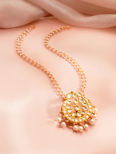 Gold Plated Blossom Kundan Pearl Drape Pendant Necklace