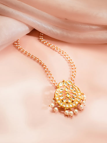 Gold Plated Blossom Kundan Pearl Drape Pendant Necklace