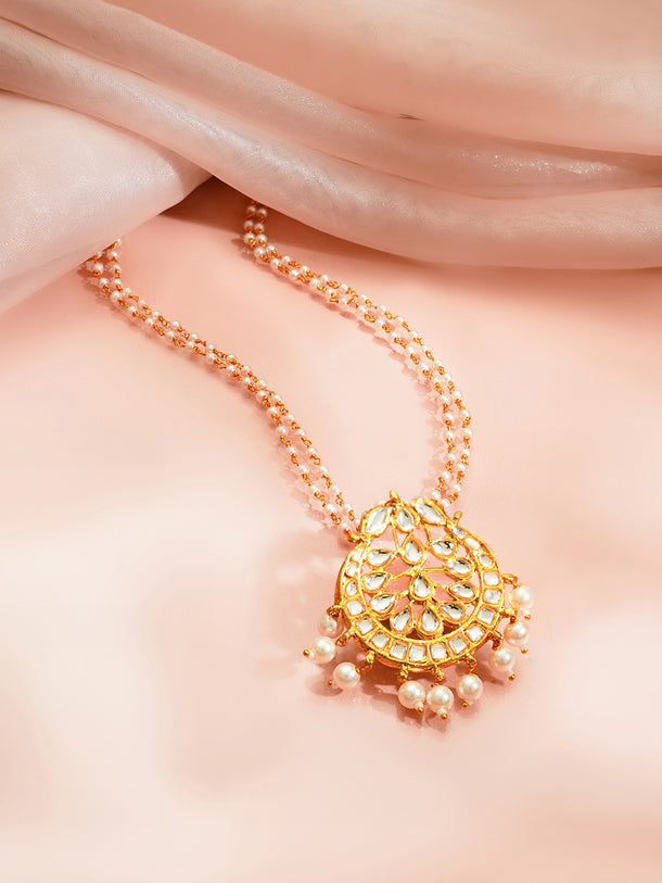 Gold Plated Blossom Kundan Pearl Drape Pendant Necklace
