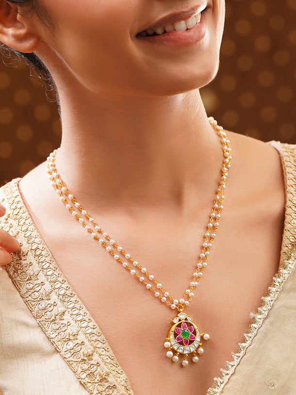 Gold Plated Moon Design Floral centered pearl Beaded Kundan Pendant