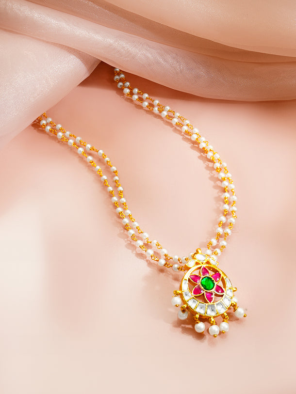 Gold Plated Moon Design Floral centered pearl Beaded Kundan Pendant