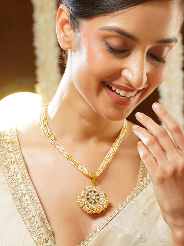 Gold Plated Kundan Chandbali Pendant with Pearl Cluster Drops and Twisted Seed-Bead Necklace