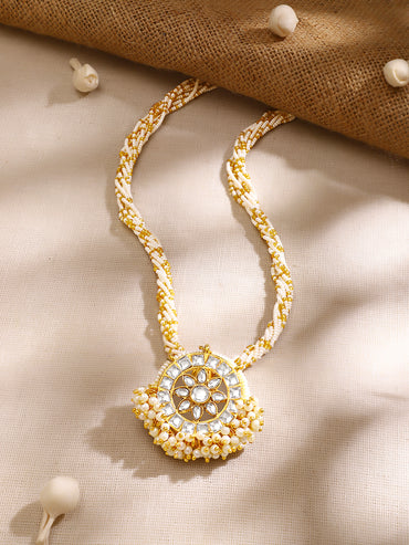 Gold Plated Kundan Chandbali Pendant with Pearl Cluster Drops and Twisted Seed-Bead Necklace