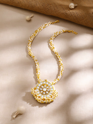 Gold Plated Kundan Chandbali Pendant with Pearl Cluster Drops and Twisted Seed-Bead Necklace