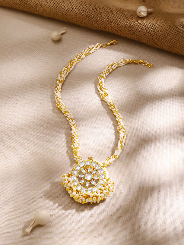Gold Plated Kundan Chandbali Pendant with Pearl Cluster Drops and Twisted Seed-Bead Necklace
