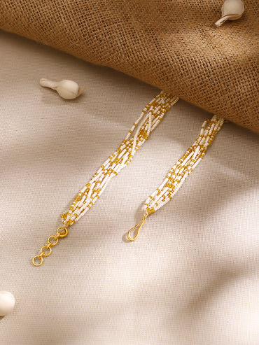 Gold Plated Kundan Chandbali Pendant with Pearl Cluster Drops and Twisted Seed-Bead Necklace