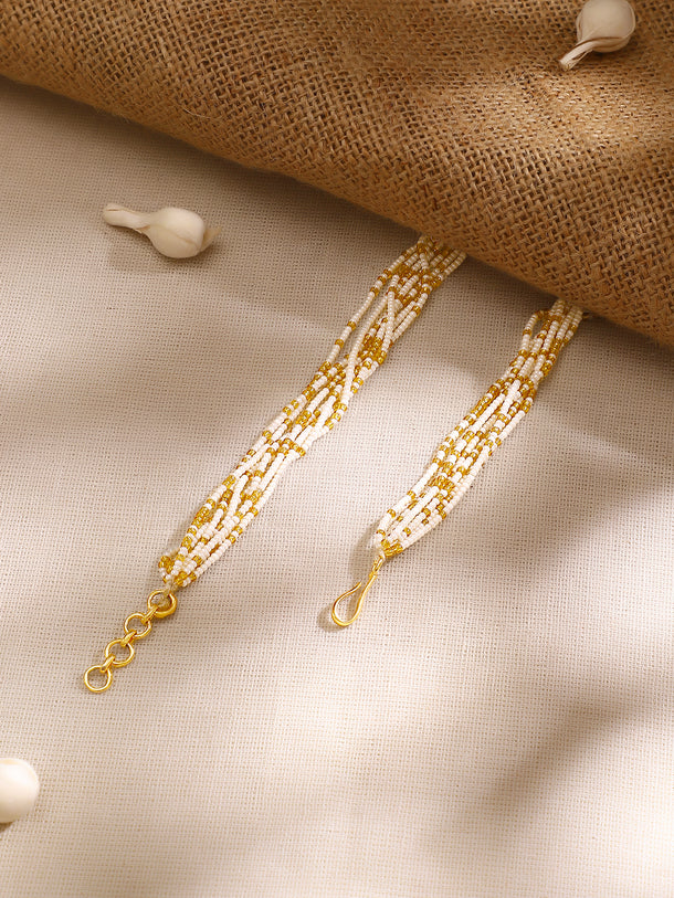 Gold Plated Kundan Chandbali Pendant with Pearl Cluster Drops and Twisted Seed-Bead Necklace