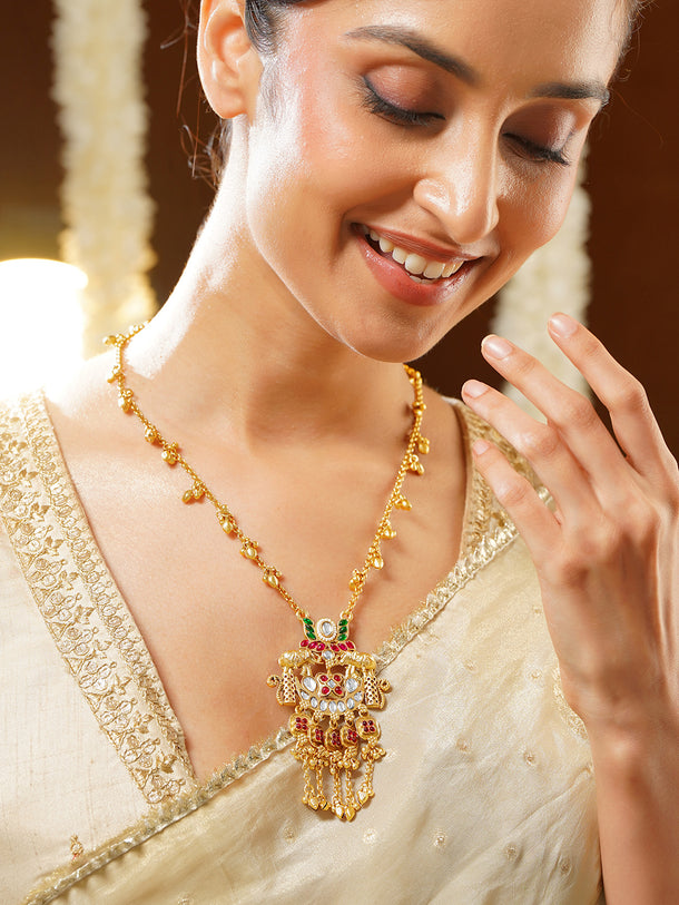 Gold Plated Elephant Moon Motif  Ghungroo Drop Ruby Studded Necklace