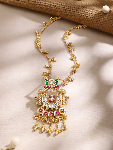 Gold Plated Elephant Moon Motif  Ghungroo Drop Ruby Studded Necklace