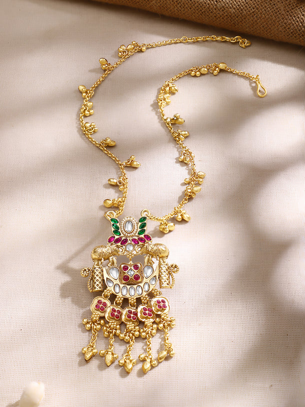 Gold Plated Elephant Moon Motif  Ghungroo Drop Ruby Studded Necklace