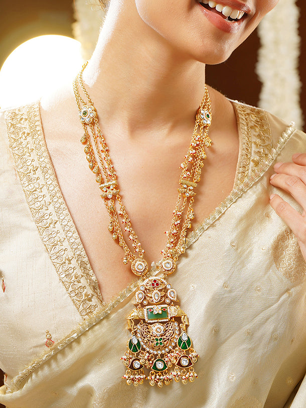 Gold Plated Peacock Elephant Kundan Enamel Pearl Layered Long Necklace