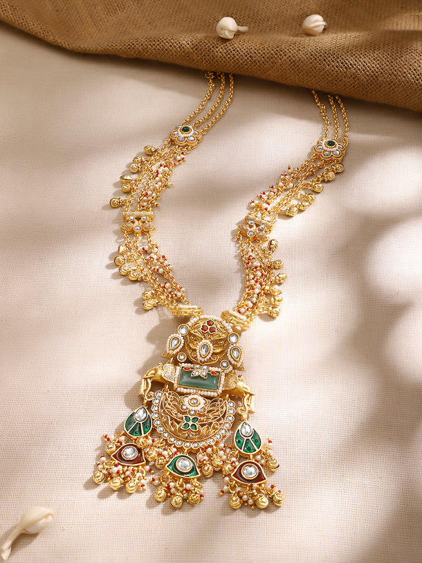 Gold Plated Peacock Elephant Kundan Enamel Pearl Layered Long Necklace