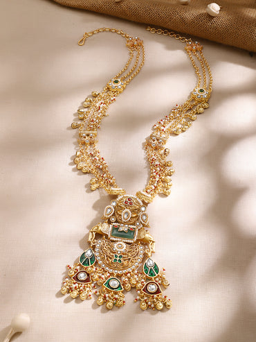 Gold Plated Peacock Elephant Kundan Enamel Pearl Layered Long Necklace