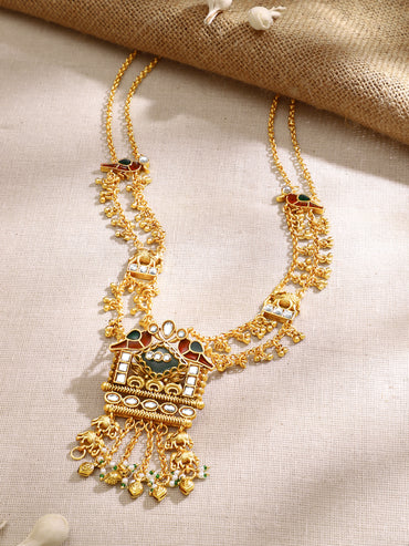 Gold Plated Royal Palanquin Peacock Kundan Ghungroo Layered Necklace