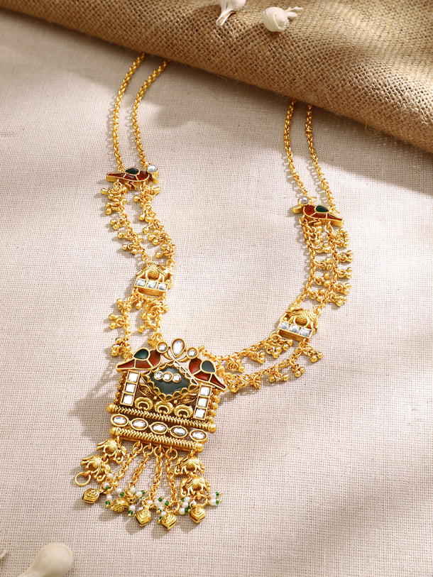 Gold Plated Royal Palanquin Peacock Kundan Ghungroo Layered Necklace