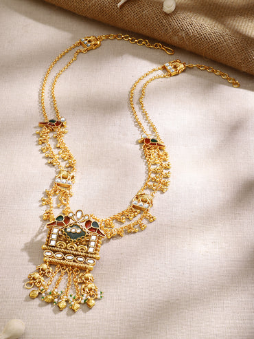 Gold Plated Royal Palanquin Peacock Kundan Ghungroo Layered Necklace