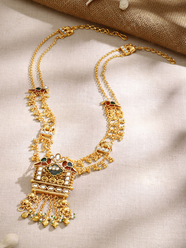 Gold Plated Royal Palanquin Peacock Kundan Ghungroo Layered Necklace