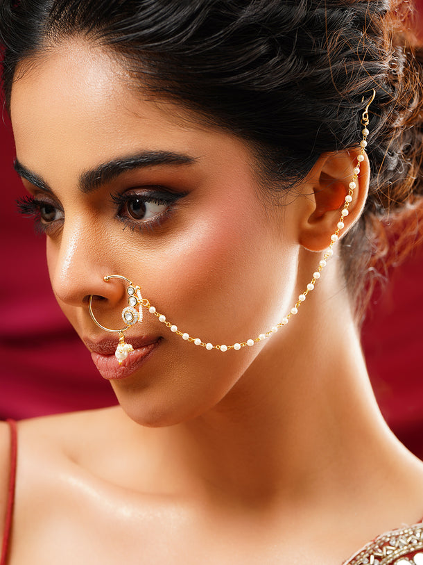 Gold Plated Pearl Beaded Kundan Nose Pin