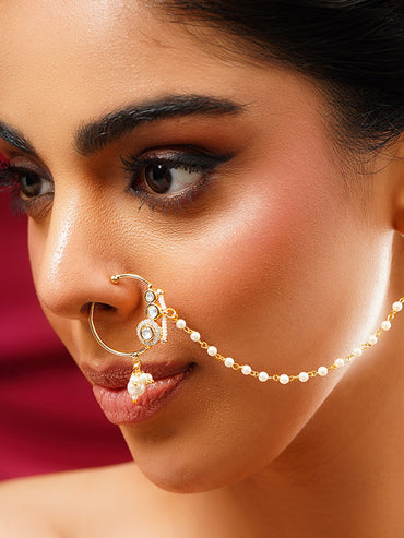 Gold Plated Pearl Beaded Kundan Nose Pin