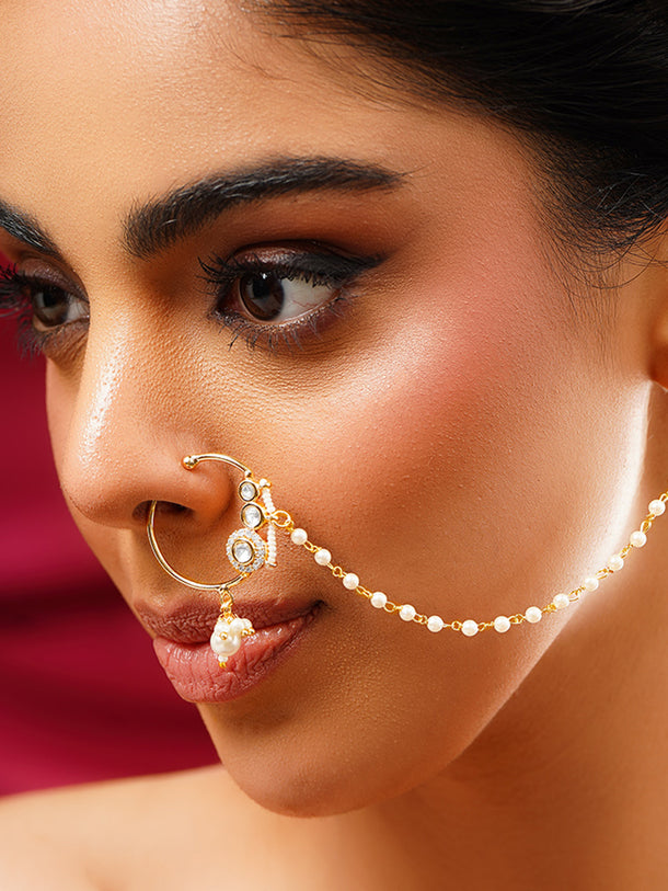 Gold Plated Pearl Beaded Kundan Nose Pin