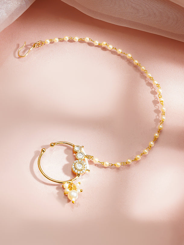 Gold Plated Pearl Beaded Kundan Nose Pin