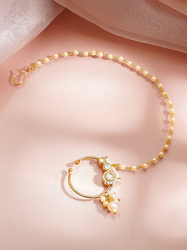Gold Plated Pearl Beaded Kundan Nose Pin