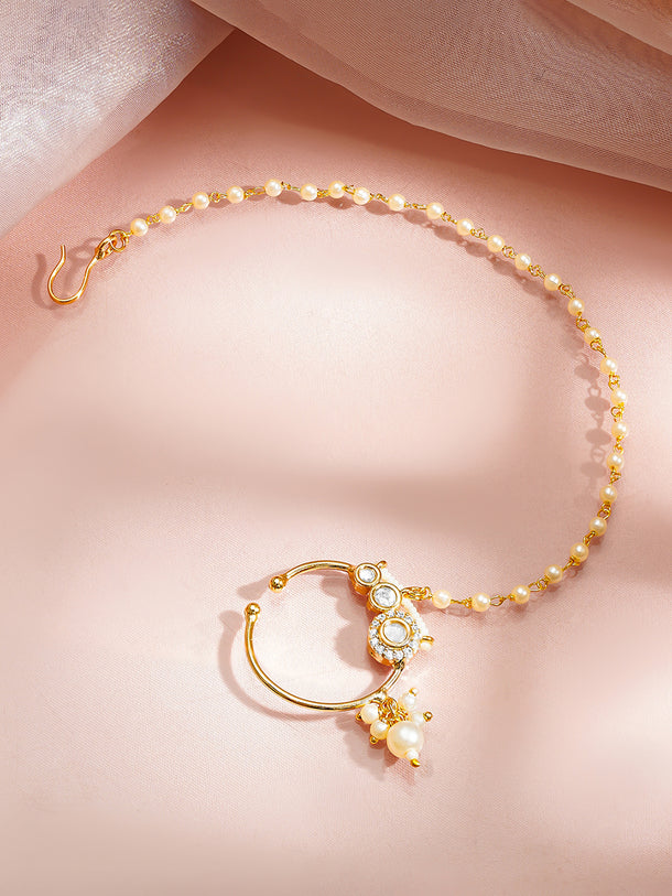 Gold Plated Pearl Beaded Kundan Nose Pin