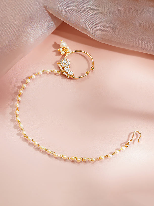 Gold Plated Pearl Beaded Kundan Nose Pin