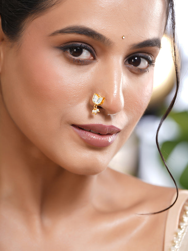 Pearl Drop Kundan Lotus Nose Pin