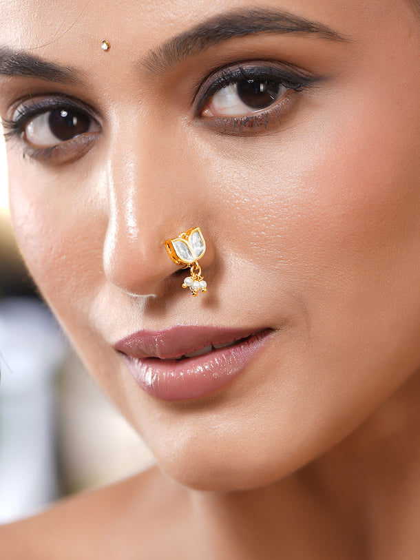 Pearl Drop Kundan Lotus Nose Pin