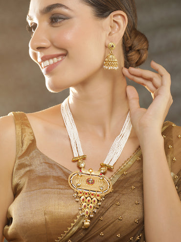 Rubans Gold Plated Hand Crafted Pearl Embellished Statement Necklace Set