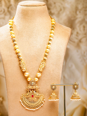 Rubans 22K Gold-Plated Pendant Jewellery Set with Golden & Pearl Beads and Ruby Red Stone