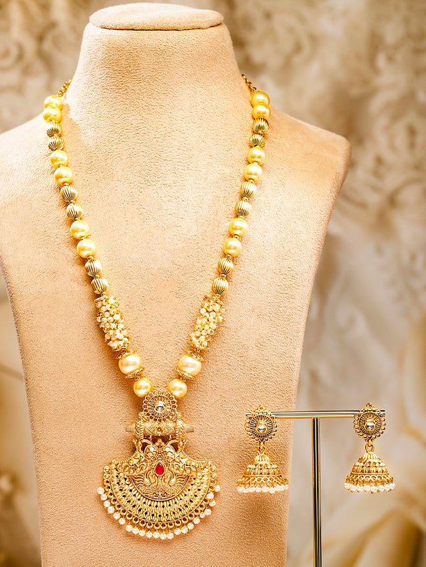 Rubans 22K Gold-Plated Pendant Jewellery Set with Golden & Pearl Beads and Ruby Red Stone