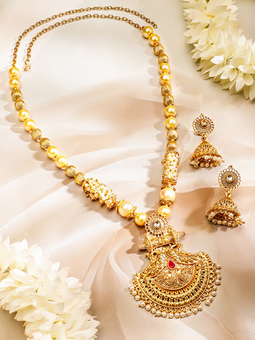Rubans 22K Gold-Plated Pendant Jewellery Set with Golden & Pearl Beads and Ruby Red Stone