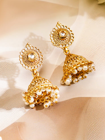 Rubans 22K Gold-Plated Pendant Jewellery Set with Golden & Pearl Beads and Ruby Red Stone