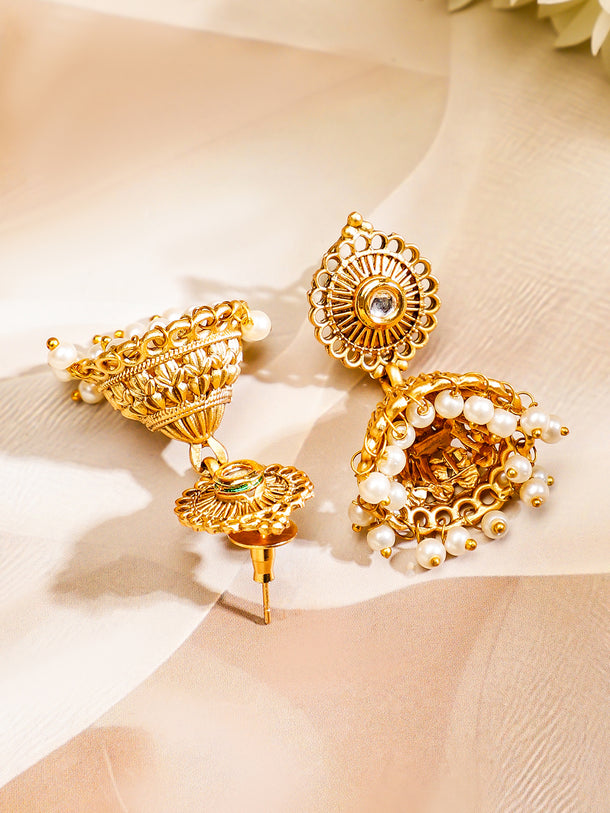 Rubans 22K Gold-Plated Pendant Jewellery Set with Golden & Pearl Beads and Ruby Red Stone