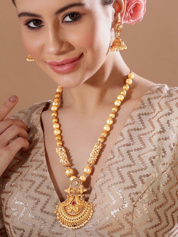 Rubans 22K Gold-Plated Pendant Jewellery Set with Golden & Pearl Beads and Ruby Red Stone